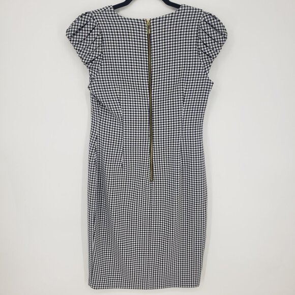 Calvin Klein Gingham Plaid Sheath Dress 8 Cap Sleeves V Neck Black Blue - Picture 2 of 10